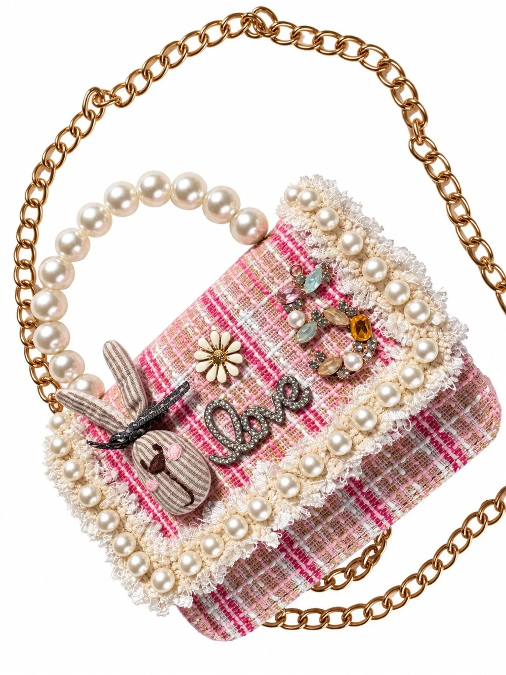 Embellished Pink Tweed Pearl-Handle Top-Handle Bag - Unbranded